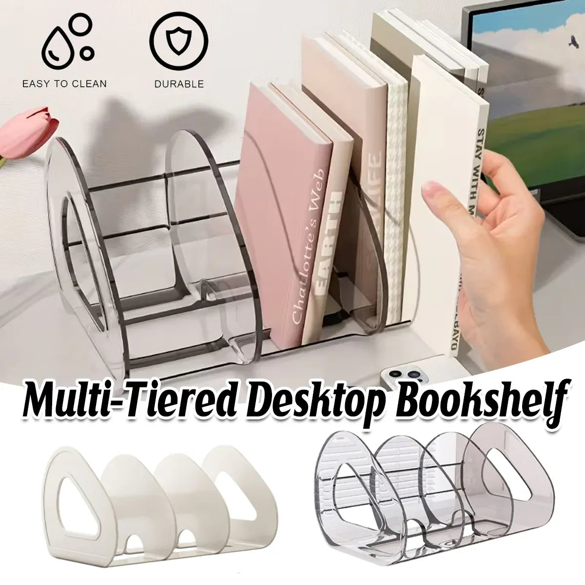 Desk Standing Divider Shelf Organizer Space Saving Office Study Storage Rack - White