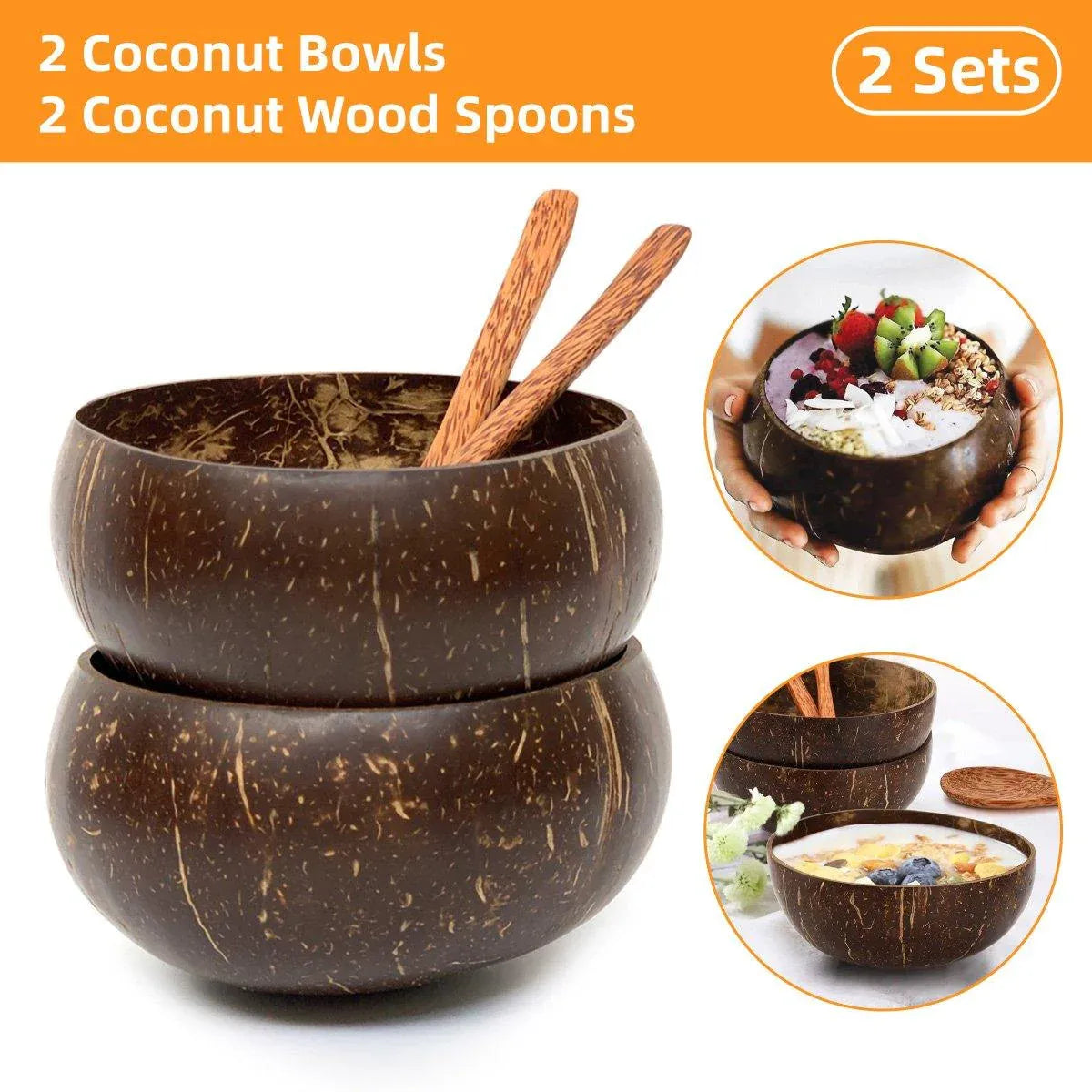2Sets Natural Coconut Shell Bowls Dessert Fruit Salad Serving Bowls