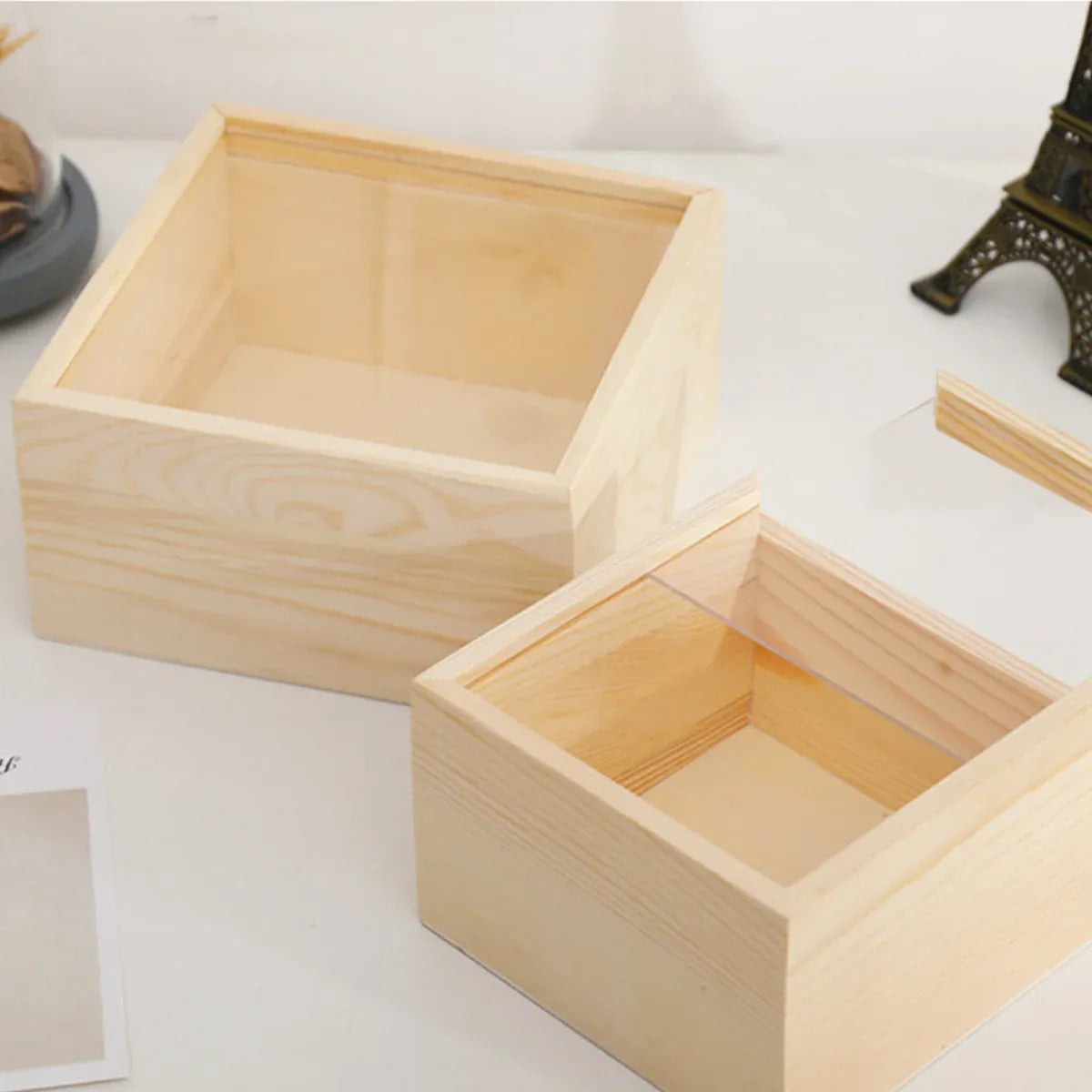 Solid Wood Storage Box with Acrylic Sliding Lid Pull Out Gift Packaging Case - 16x11x5cm