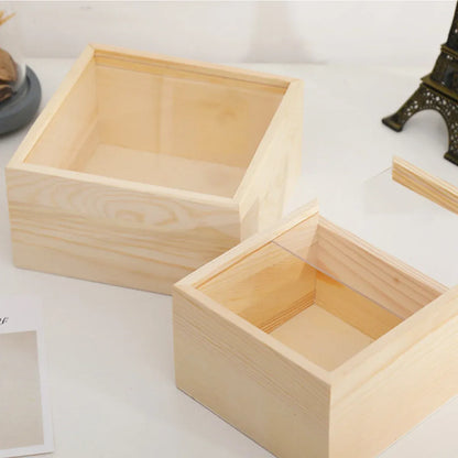 Solid Wood Storage Box with Acrylic Sliding Lid Pull Out Gift Packaging Case - 16x11x5cm