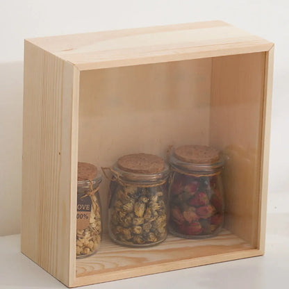 Solid Wood Storage Box with Acrylic Sliding Lid Pull Out Gift Packaging Case - 16x11x5cm