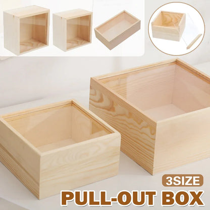 Solid Wood Storage Box with Acrylic Sliding Lid Pull Out Gift Packaging Case - 20x20x10cm