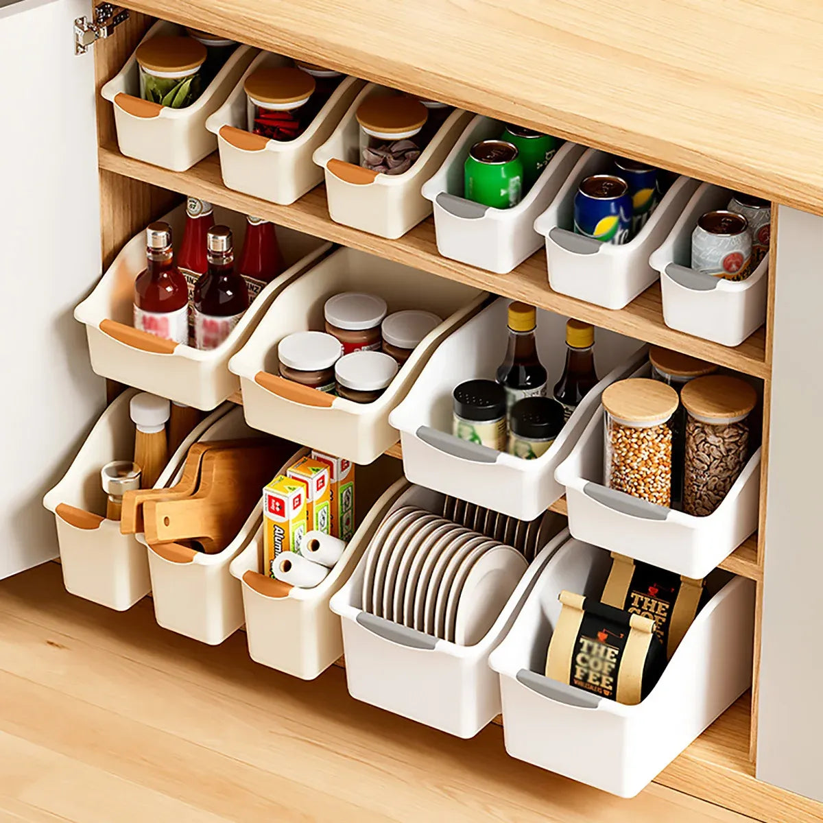 2pcs Cabinet Storage Box Miscellaneous Organizer Household Container Plastic Bin - S-White+Beige