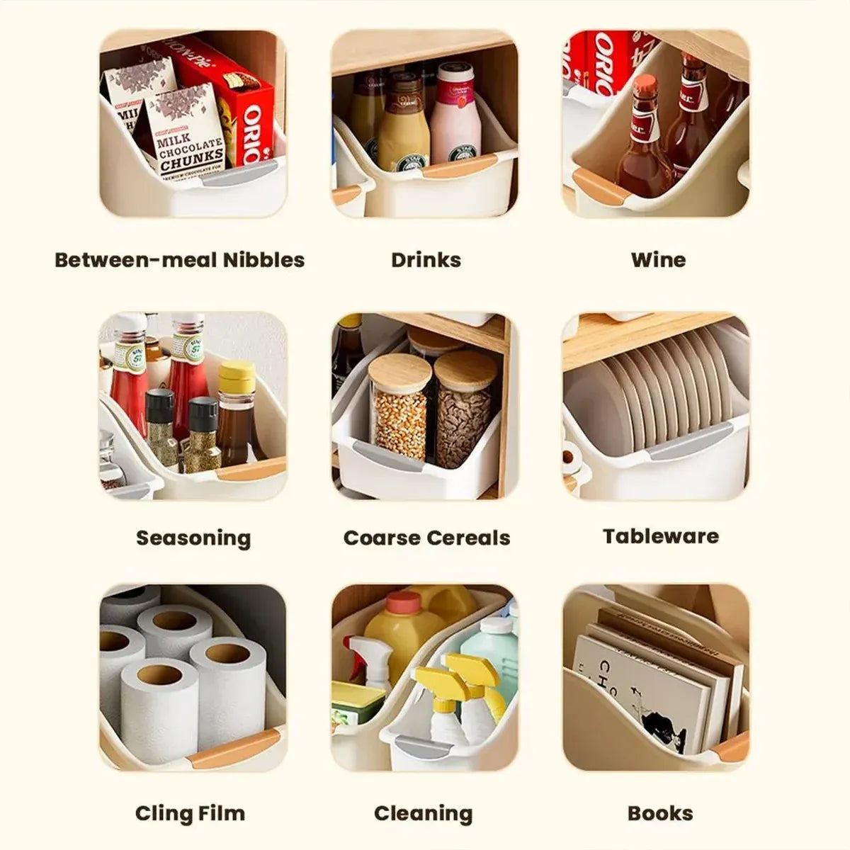 2pcs Cabinet Storage Box Miscellaneous Organizer Household Container Plastic Bin - S-White+Beige