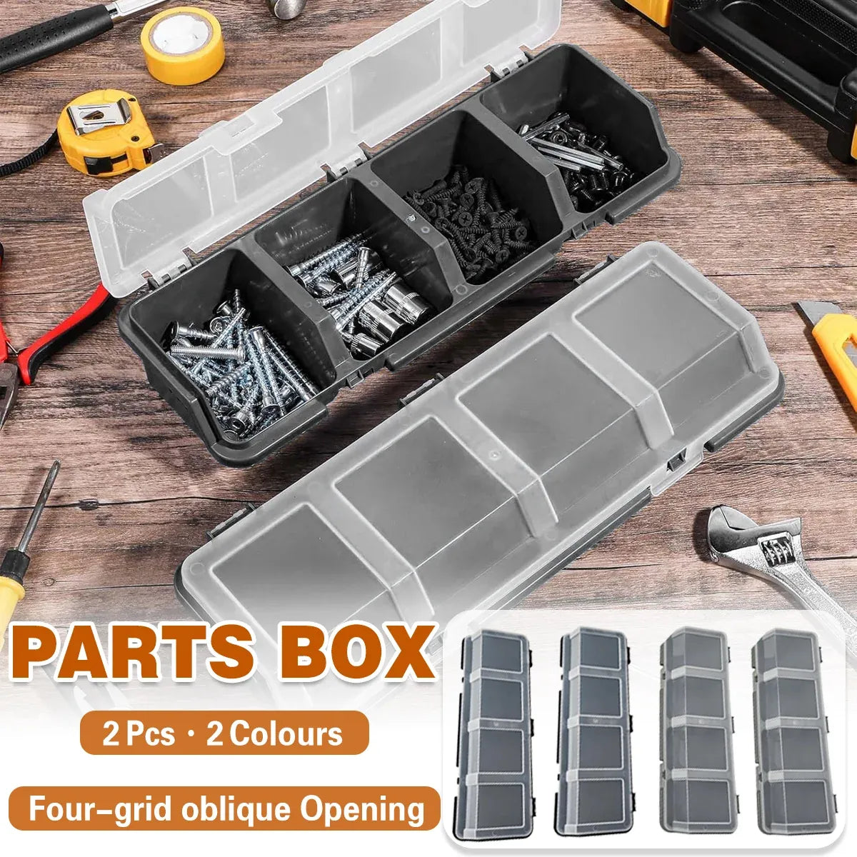 4-Grid Parts Storage Box Plastic Electronic Hardware Accessory Case with Lid ﻿ - Black
