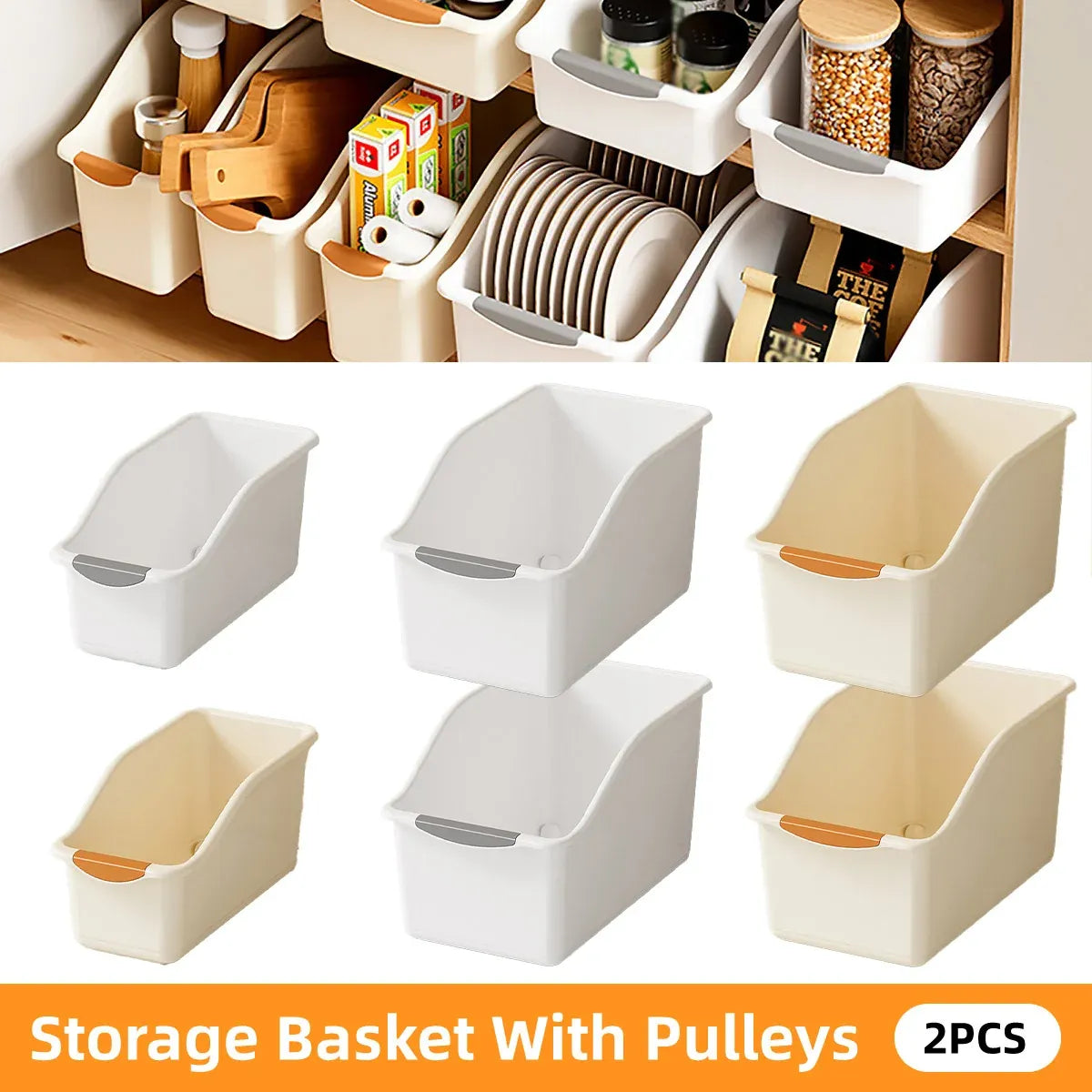 2pcs Cabinet Storage Box Miscellaneous Organizer Household Container Plastic Bin - L-Beige