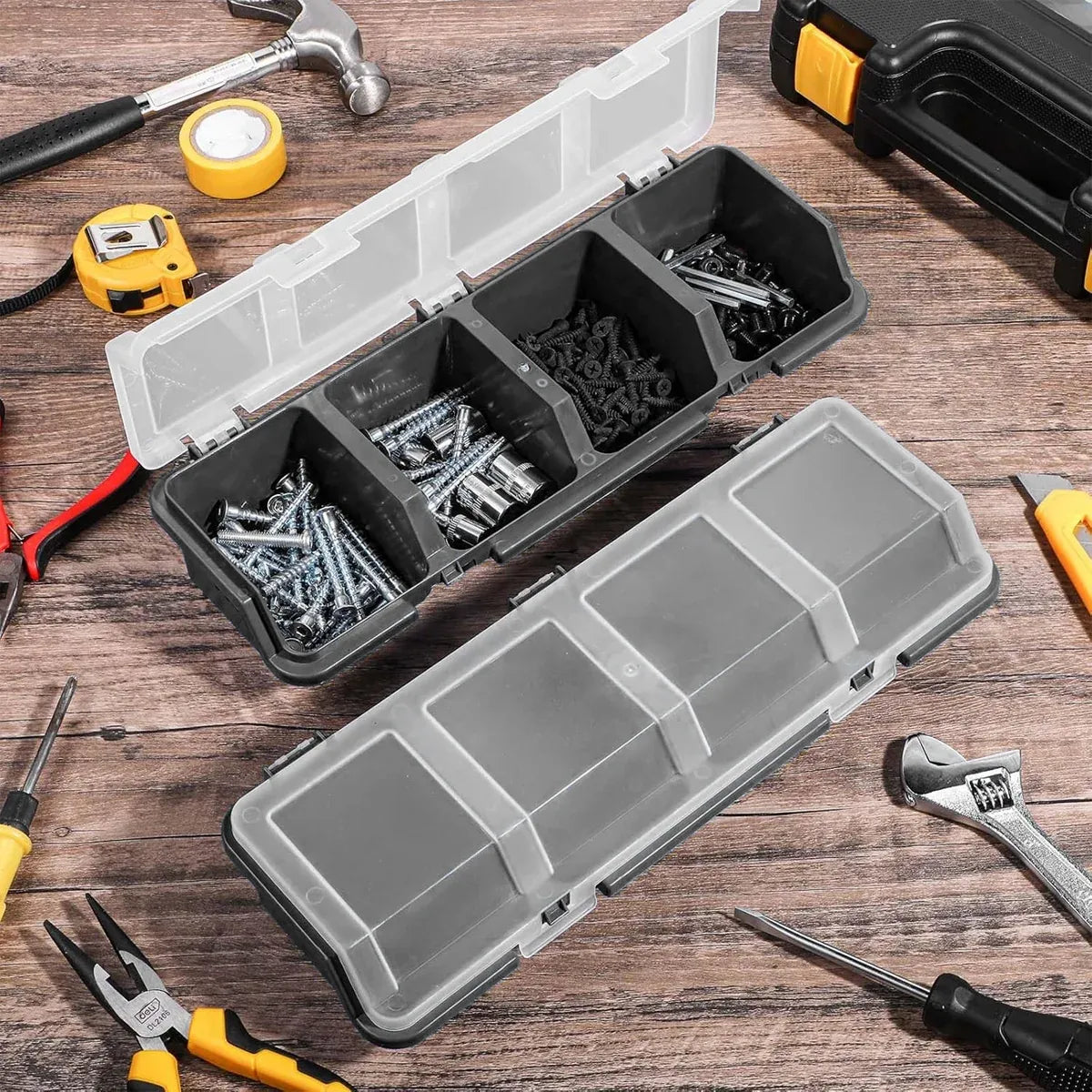 4-Grid Parts Storage Box Plastic Electronic Hardware Accessory Case with Lid ﻿ - Grey