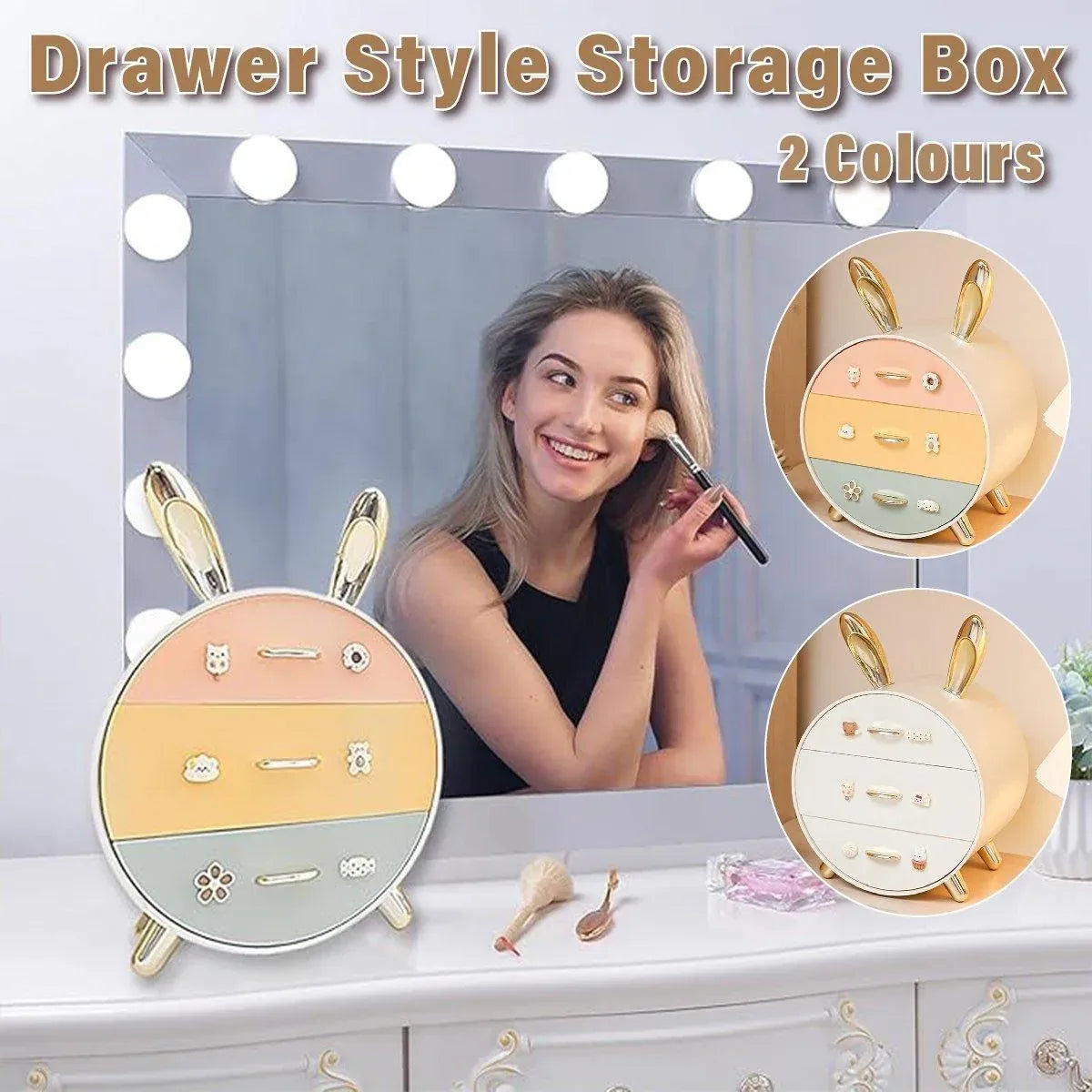 Large Multi-functional Makeup Storage Organizer Rabbit Decor Drawer Cosmetic Box - Colour