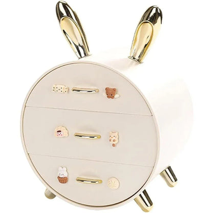 Large Multi-functional Makeup Storage Organizer Rabbit Decor Drawer Cosmetic Box - White
