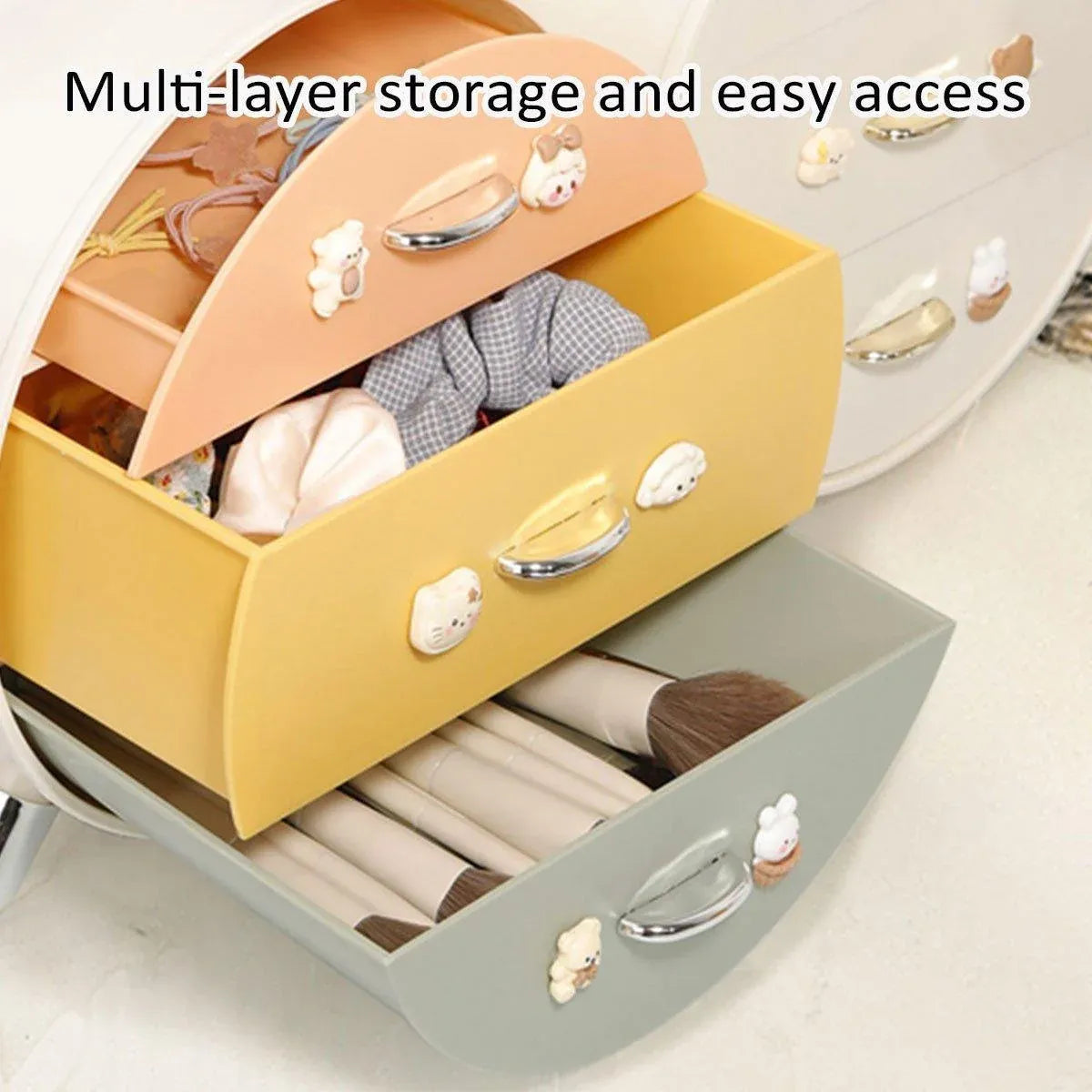 Large Multi-functional Makeup Storage Organizer Rabbit Decor Drawer Cosmetic Box - White