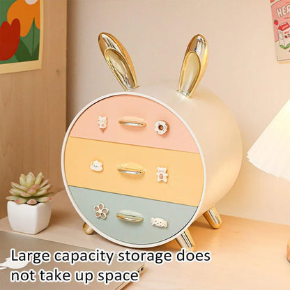 Large Multi-functional Makeup Storage Organizer Rabbit Decor Drawer Cosmetic Box - White