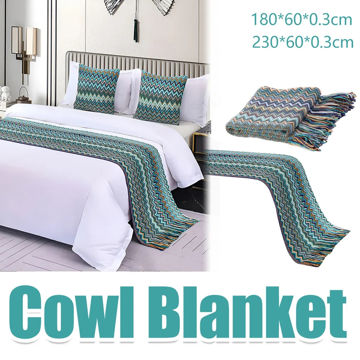 Peacock Blue Houndstooth Bed Runner Decorative Throw for Hotel or Home Bedding - 60x230cm