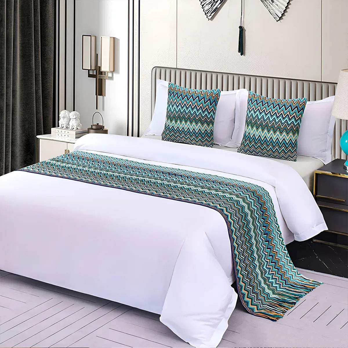 Peacock Blue Houndstooth Bed Runner Decorative Throw for Hotel or Home Bedding - 60x230cm