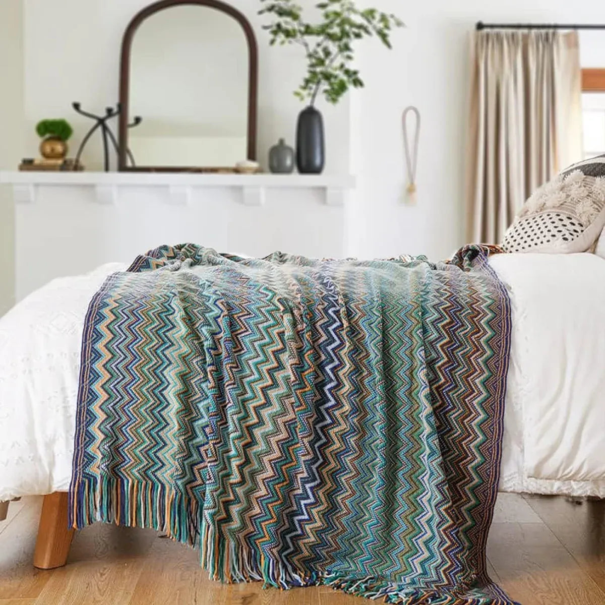 Peacock Blue Houndstooth Bed Runner Decorative Throw for Hotel or Home Bedding - 60x230cm