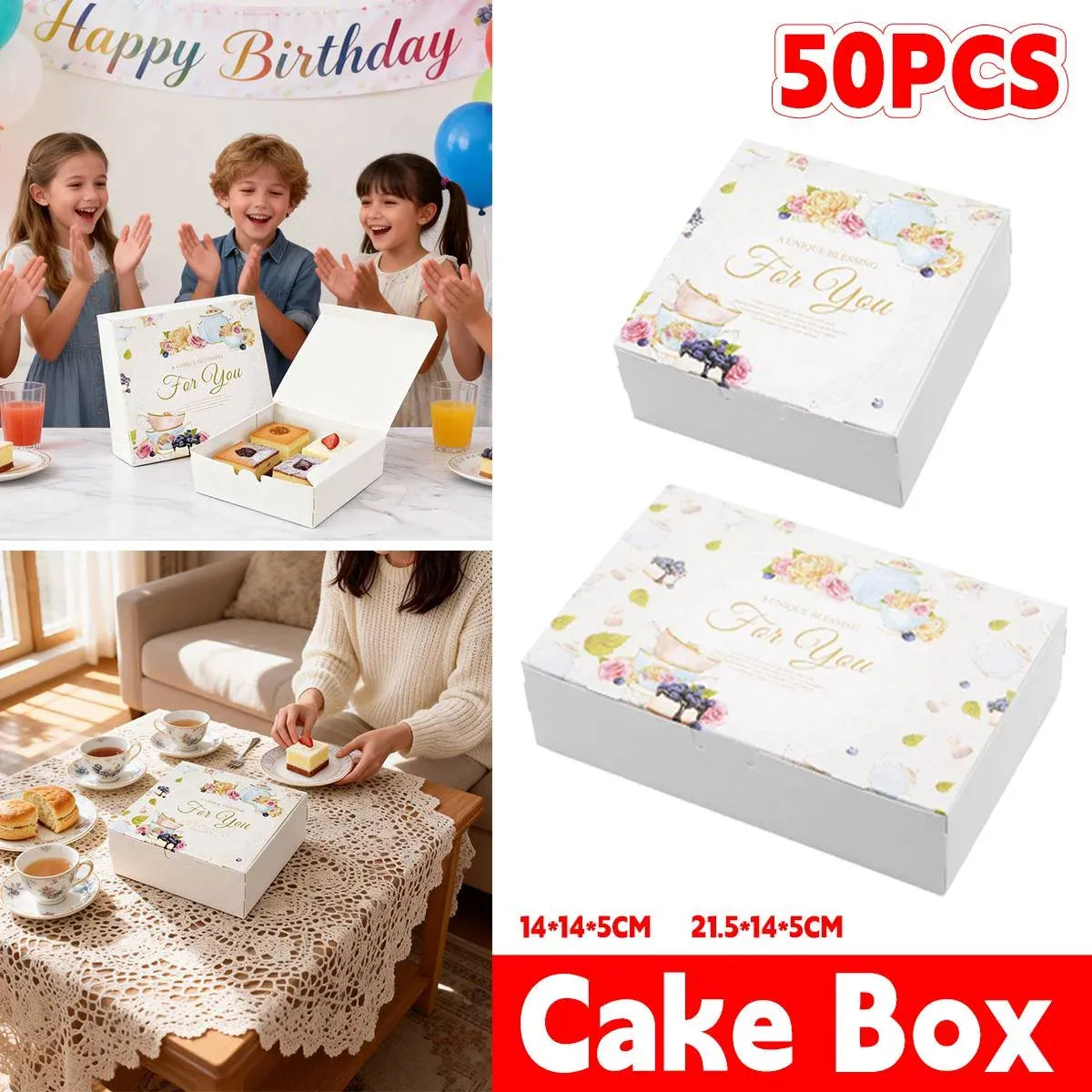 50Pcs Pastry Gift Box Cookie Tart Packaging Flower Pattern Bakery Box Easy Fold - 21.5x14x5CM