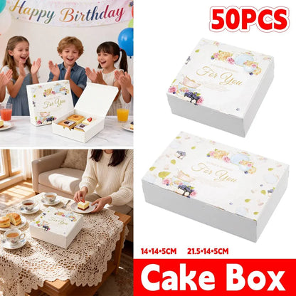 50Pcs Pastry Gift Box Cookie Tart Packaging Flower Pattern Bakery Box Easy Fold - 21.5x14x5CM