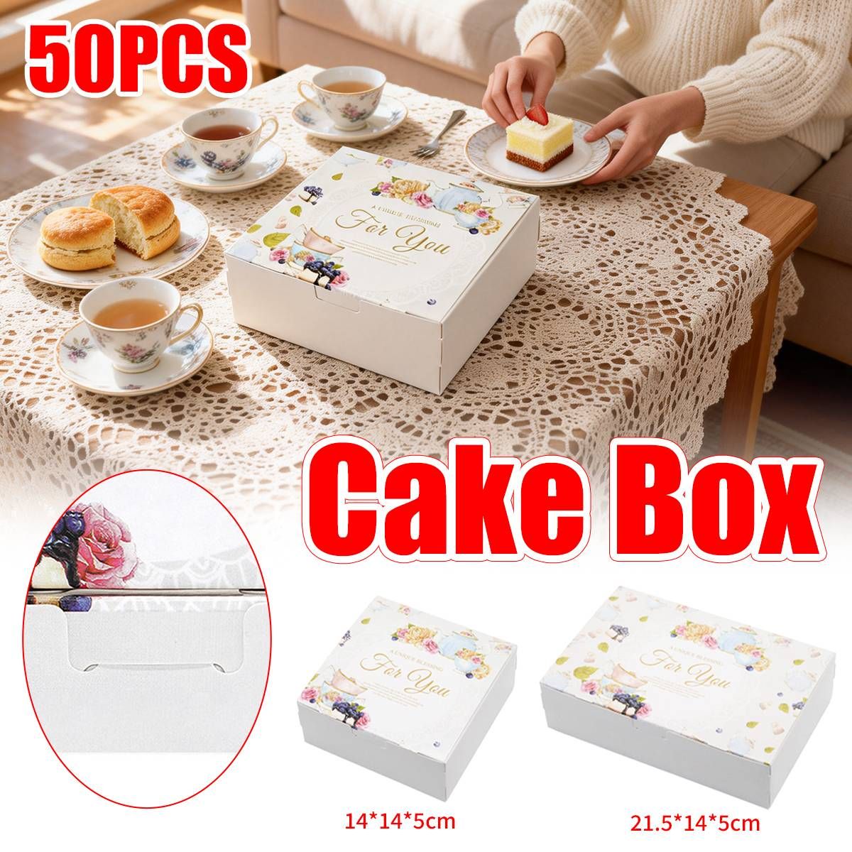 50Pcs Pastry Gift Box Cookie Tart Packaging Flower Pattern Bakery Box Easy Fold - 21.5x14x5CM