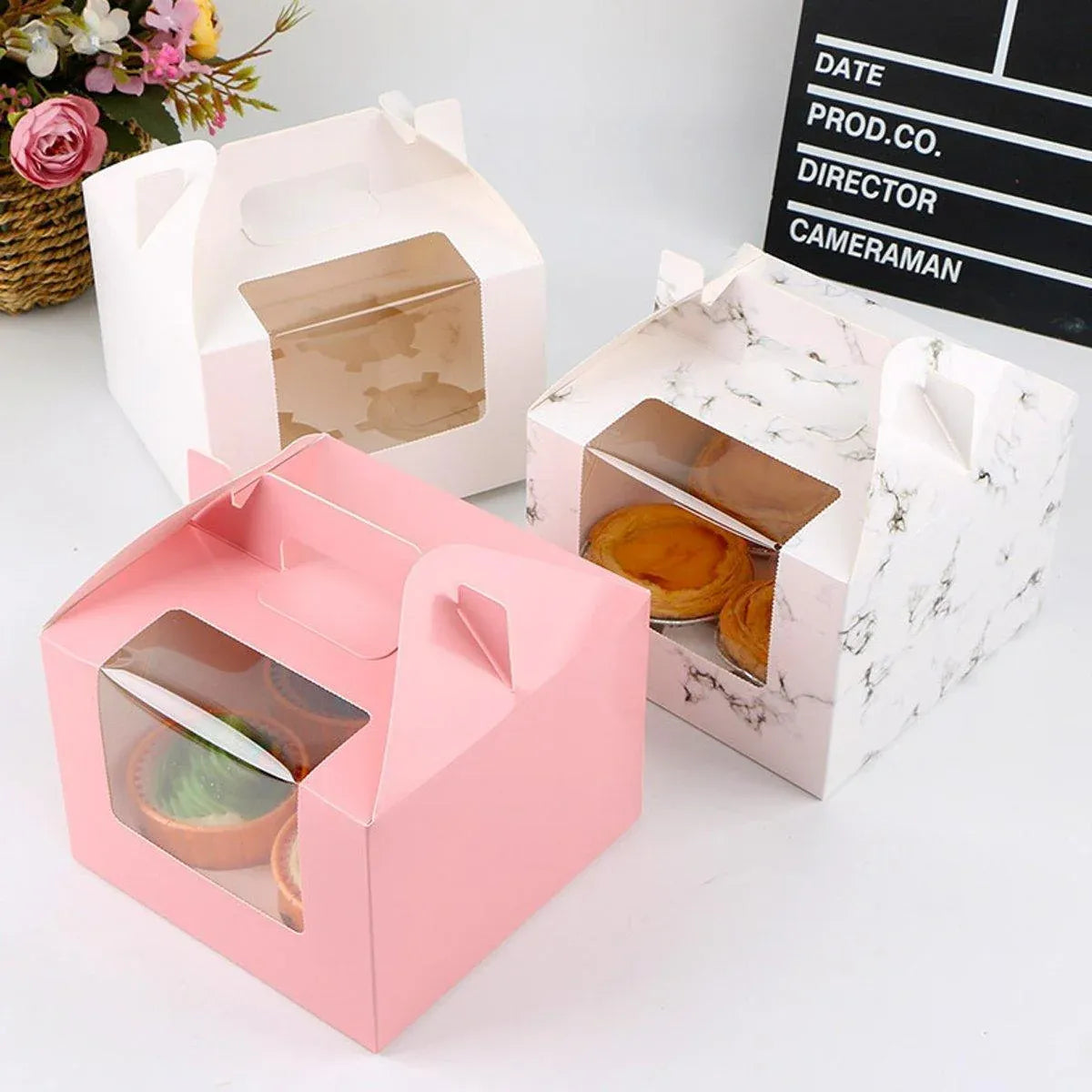 25pcs Portable Cupcake Packaging Box with Transparent Window for Easy Opening - Marble-6Cup