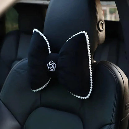 Black Bowknot Neck Pillow Plush Bow Tie Soft Plush Car Headrest Waist Support - Headrest