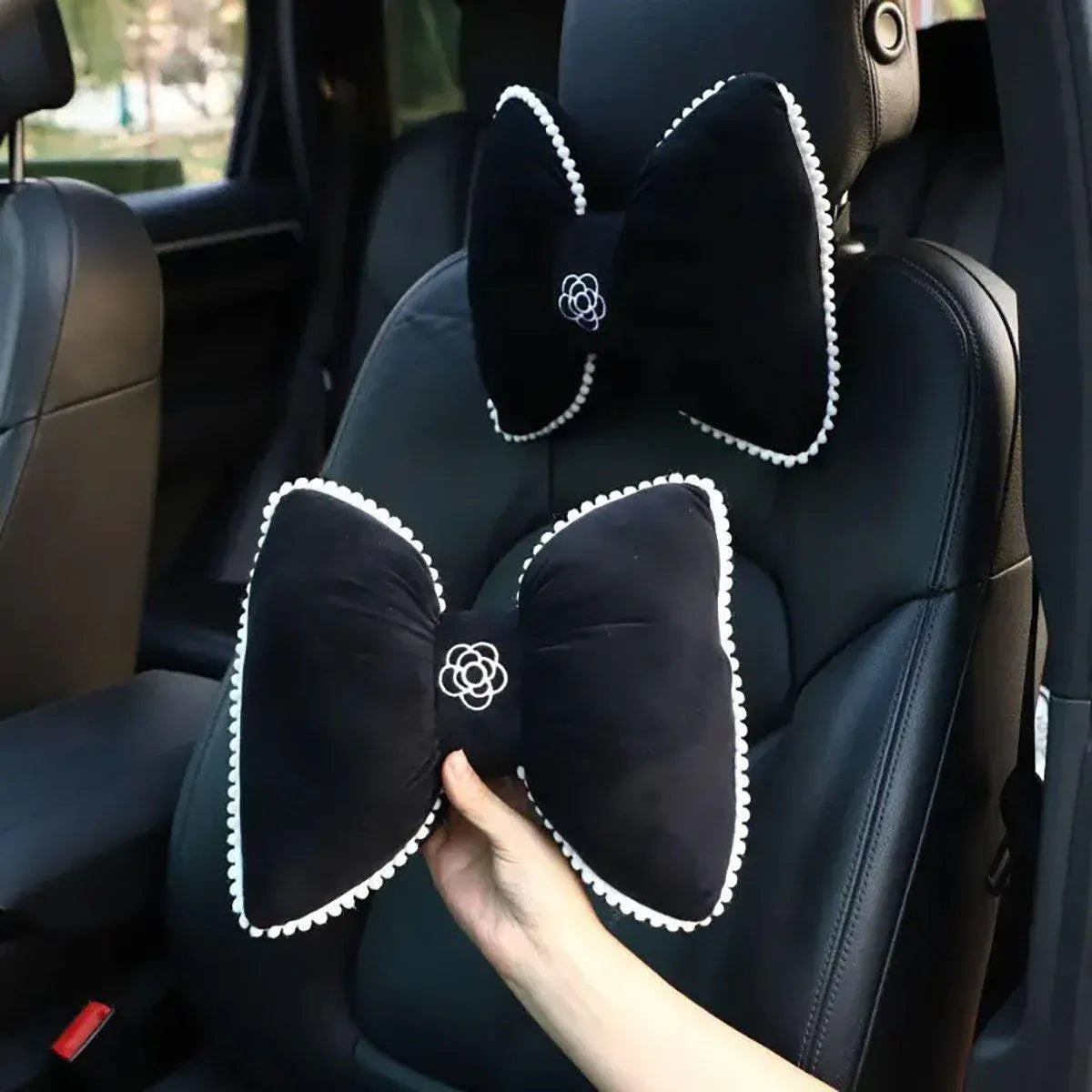 Black Bowknot Neck Pillow Plush Bow Tie Soft Plush Car Headrest Waist Support - Headrest