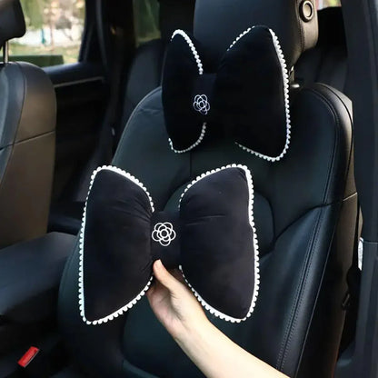 Black Bowknot Neck Pillow Plush Bow Tie Soft Plush Car Headrest Waist Support - Headrest