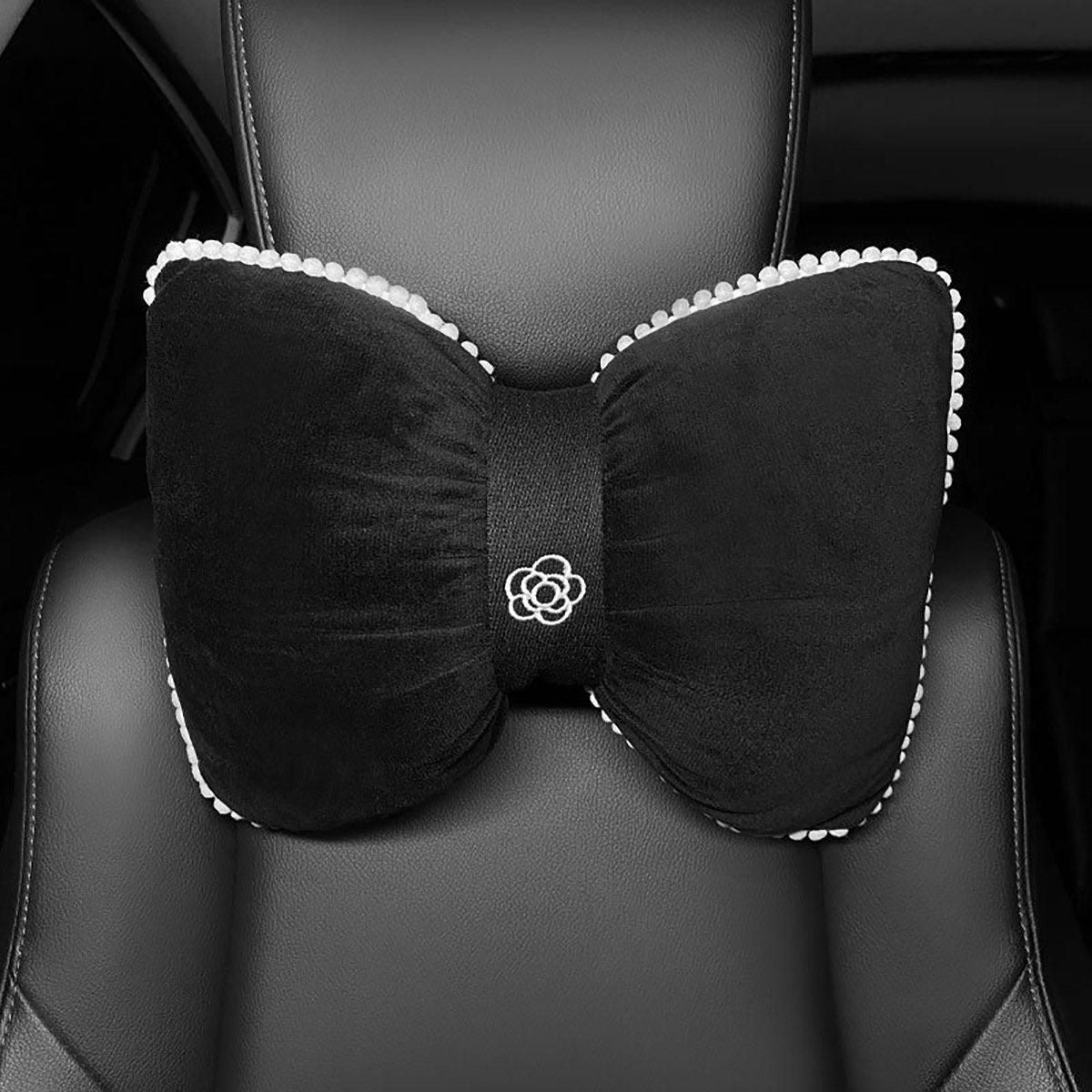 Black Bowknot Neck Pillow Plush Bow Tie Soft Plush Car Headrest Waist Support - Headrest