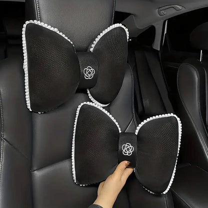 Black Bowknot Neck Pillow Plush Bow Tie Soft Plush Car Headrest Waist Support - Headrest