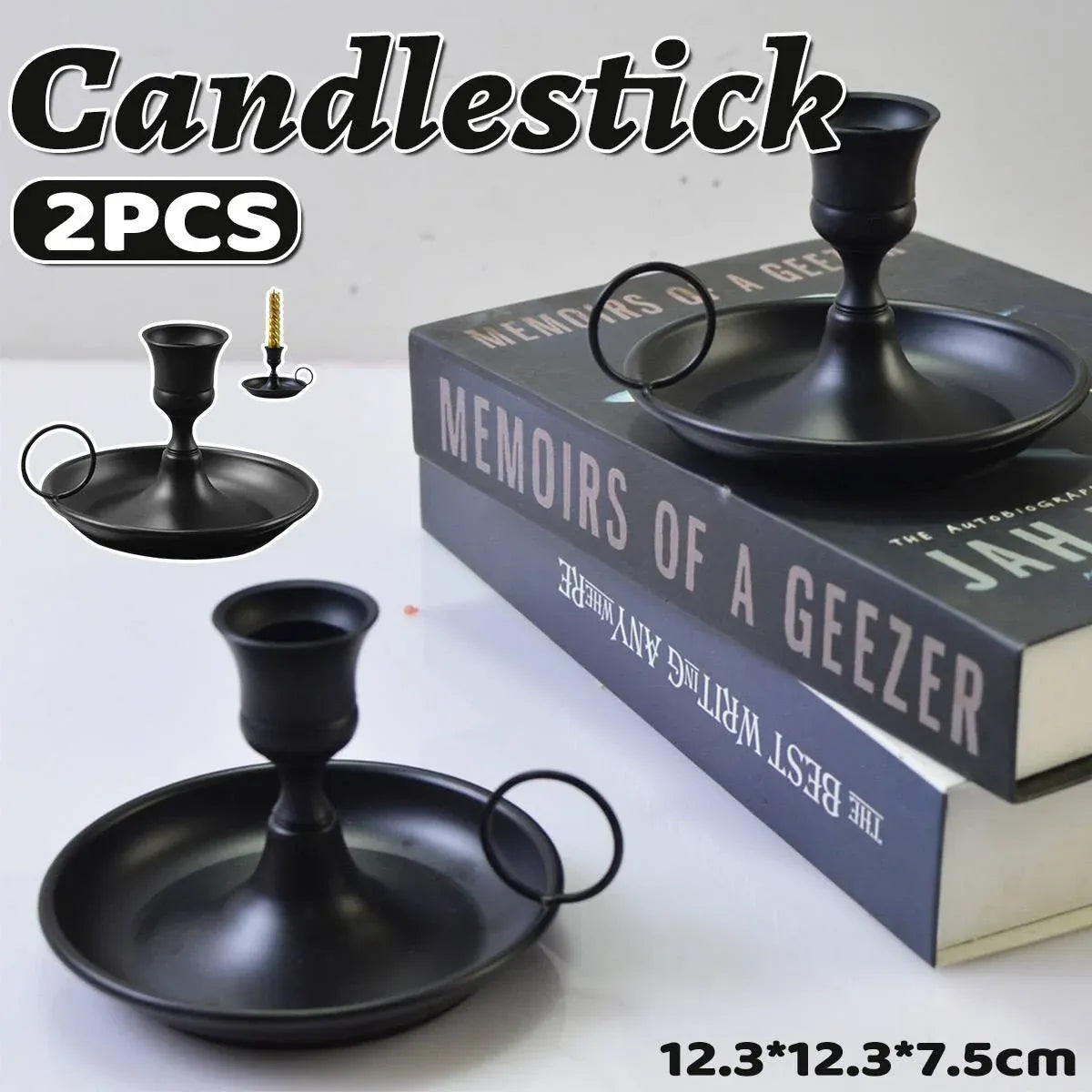 Nordic Iron Candle Holder Set 2pcs Matte Black Tray Ring Handle 12.3 x 7.5cm