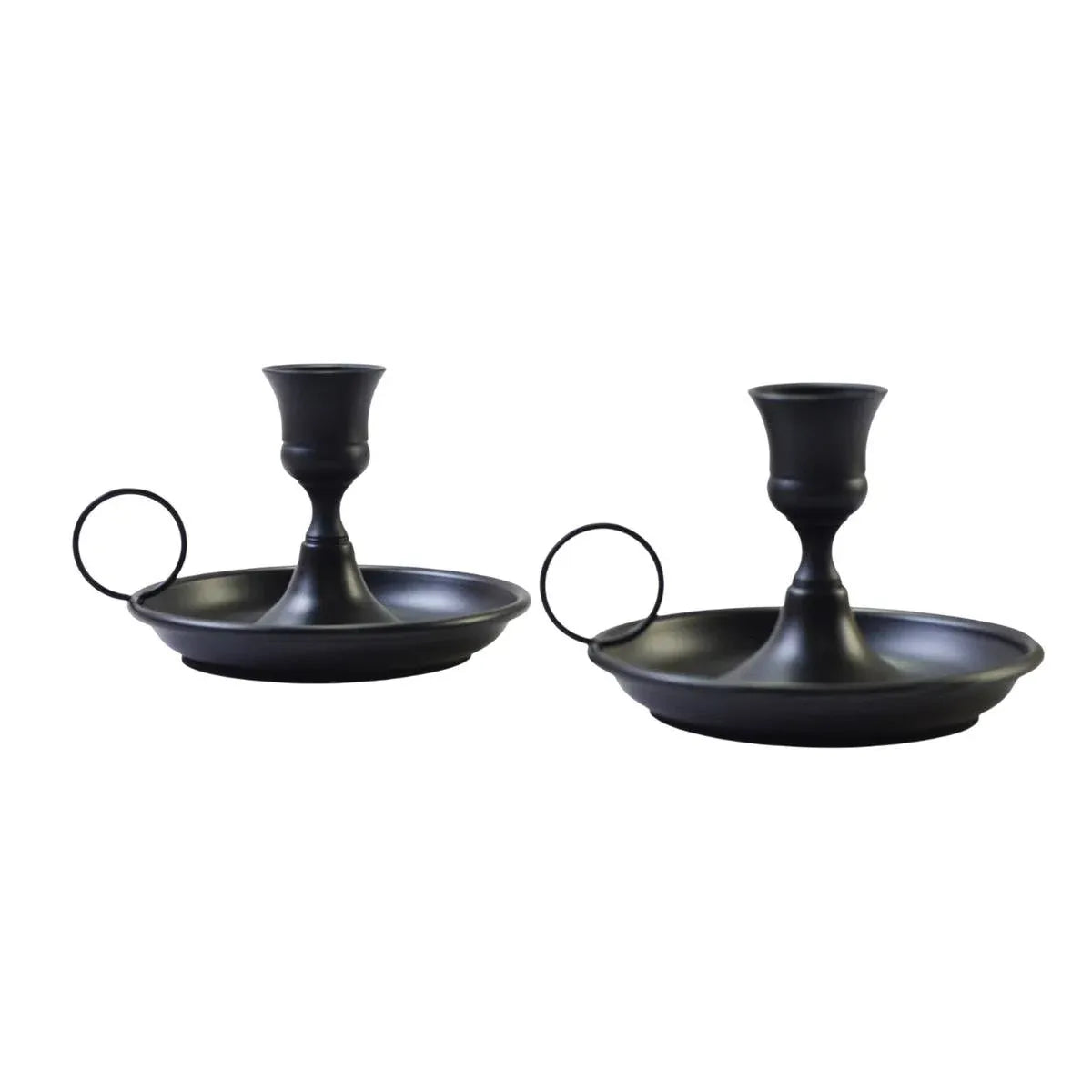 Nordic Iron Candle Holder Set 2pcs Matte Black Tray Ring Handle 12.3 x 7.5cm