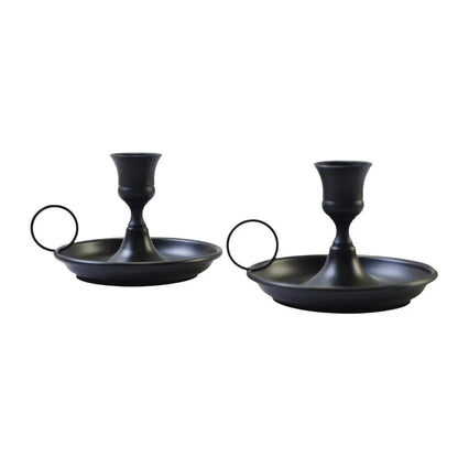 Nordic Iron Candle Holder Set 2pcs Matte Black Tray Ring Handle 12.3 x 7.5cm