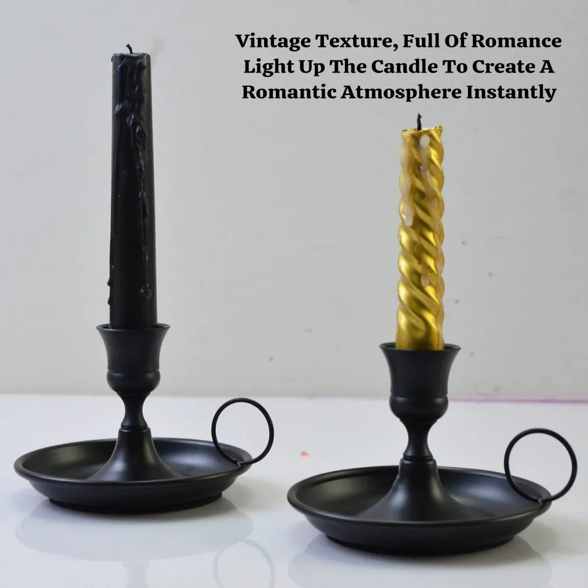Nordic Iron Candle Holder Set 2pcs Matte Black Tray Ring Handle 12.3 x 7.5cm