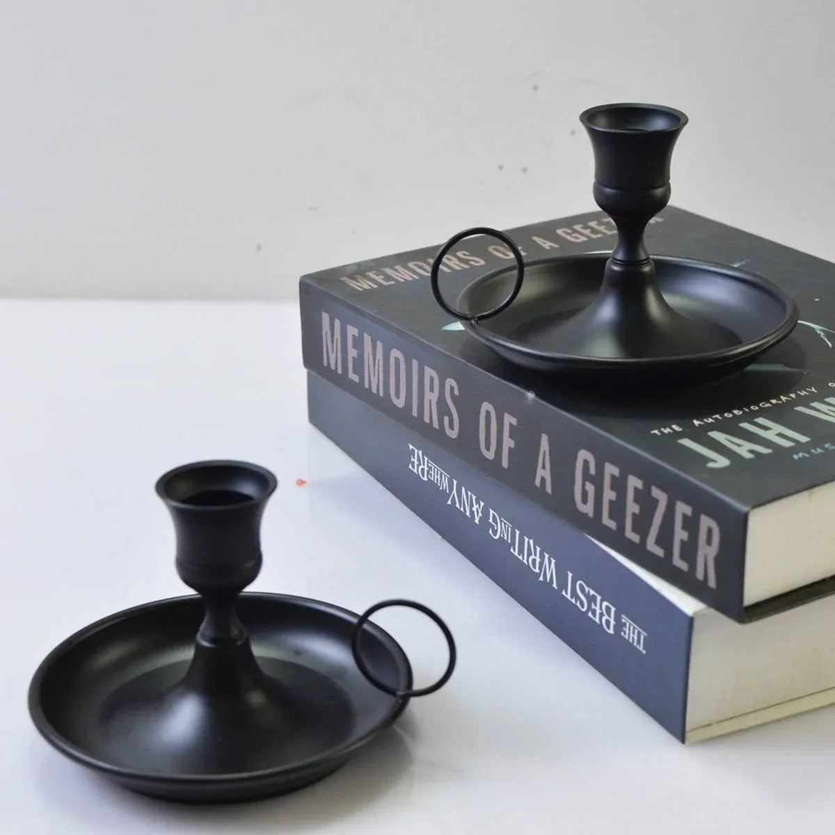 Nordic Iron Candle Holder Set 2pcs Matte Black Tray Ring Handle 12.3 x 7.5cm