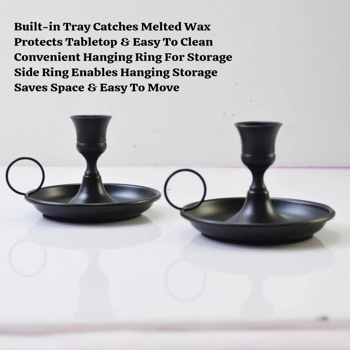 Nordic Iron Candle Holder Set 2pcs Matte Black Tray Ring Handle 12.3 x 7.5cm