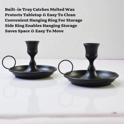 Nordic Iron Candle Holder Set 2pcs Matte Black Tray Ring Handle 12.3 x 7.5cm