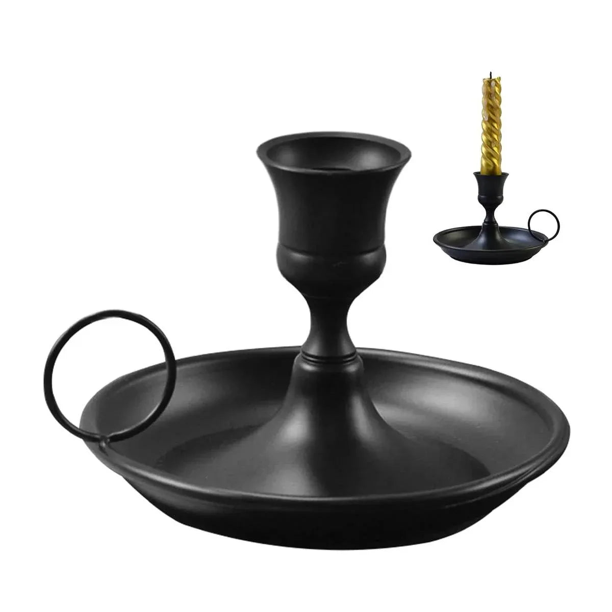Nordic Iron Candle Holder Set 2pcs Matte Black Tray Ring Handle 12.3 x 7.5cm