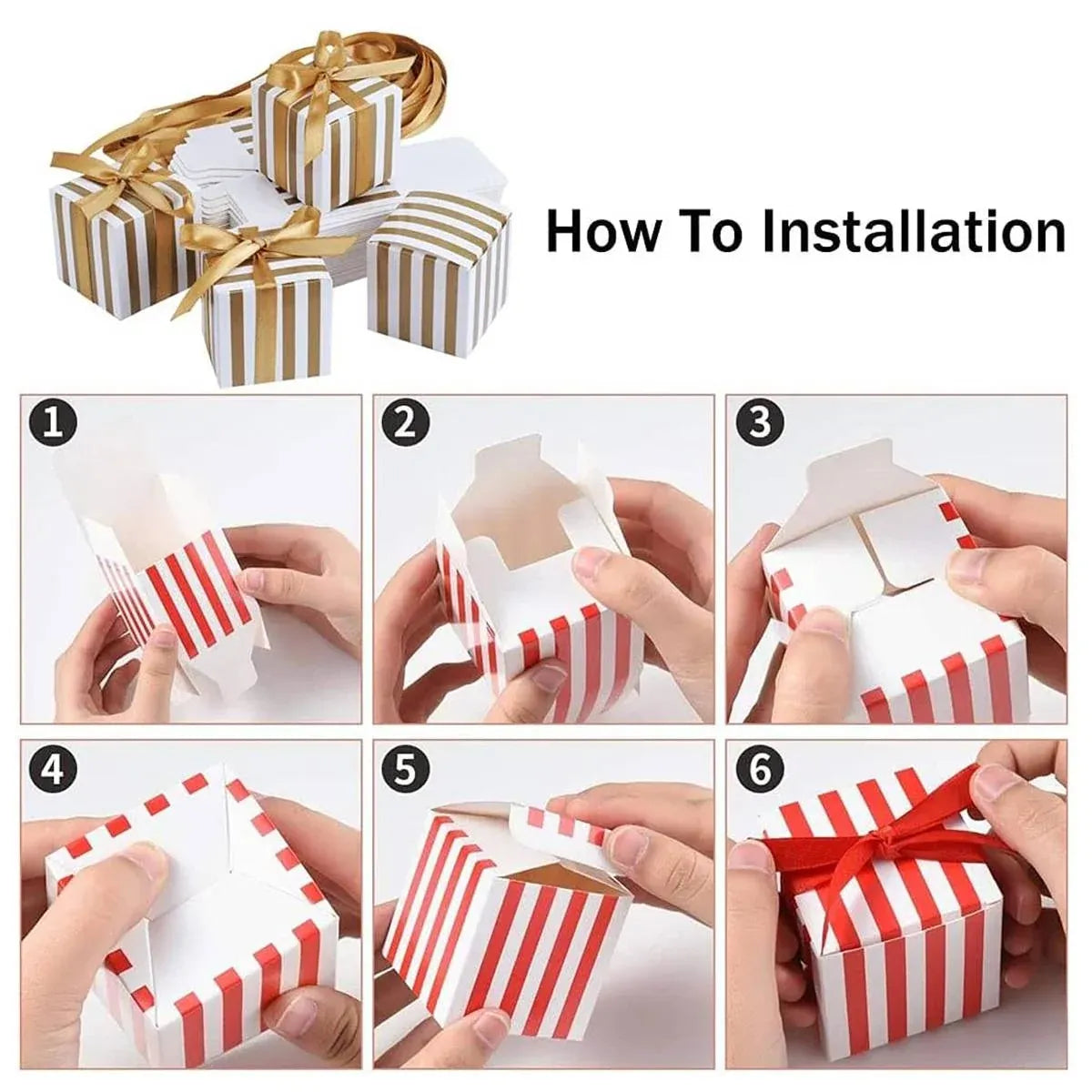 100Pcs Square Favour Boxes with Ribbon Wedding Birthday Party Decorative Gift Box - Black