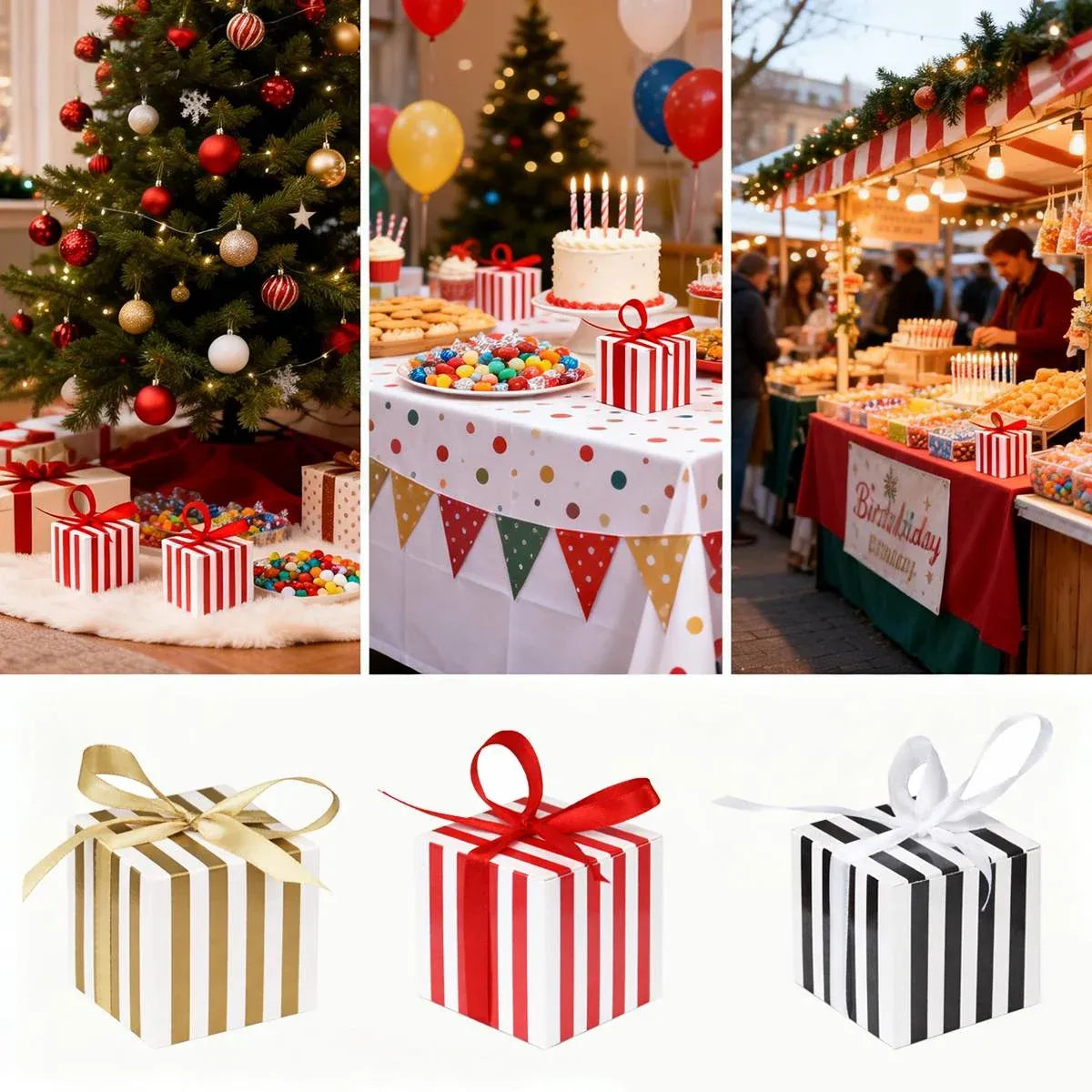 100Pcs Square Favour Boxes with Ribbon Wedding Birthday Party Decorative Gift Box - Black