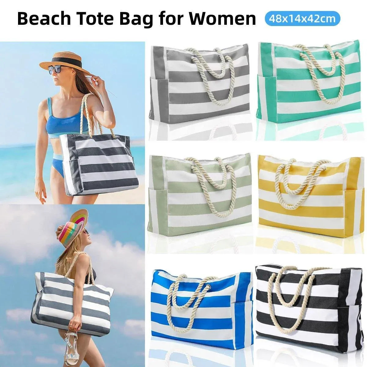 Large Bohemian Striped Canvas Beach Bag Zipper Tote for Travel Outdoor Vacation - Matcha