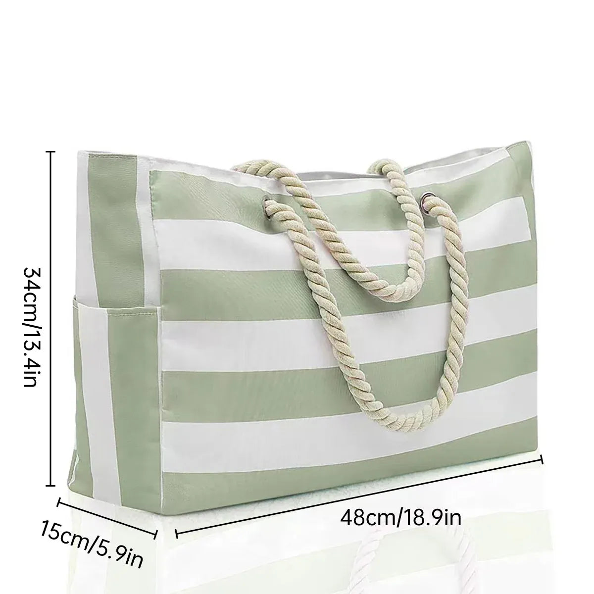 Large Bohemian Striped Canvas Beach Bag Zipper Tote for Travel Outdoor Vacation - Matcha