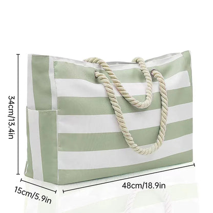 Large Bohemian Striped Canvas Beach Bag Zipper Tote for Travel Outdoor Vacation - Matcha