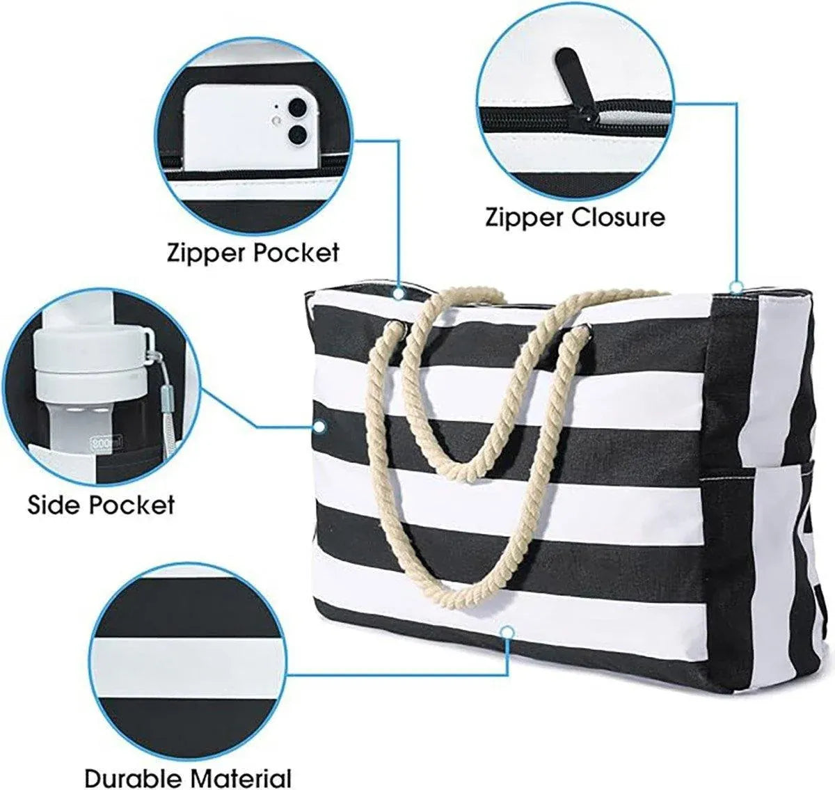 Large Bohemian Striped Canvas Beach Bag Zipper Tote for Travel Outdoor Vacation - Matcha