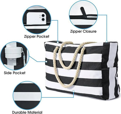 Large Bohemian Striped Canvas Beach Bag Zipper Tote for Travel Outdoor Vacation - Matcha