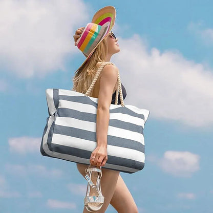 Large Bohemian Striped Canvas Beach Bag Zipper Tote for Travel Outdoor Vacation - Matcha