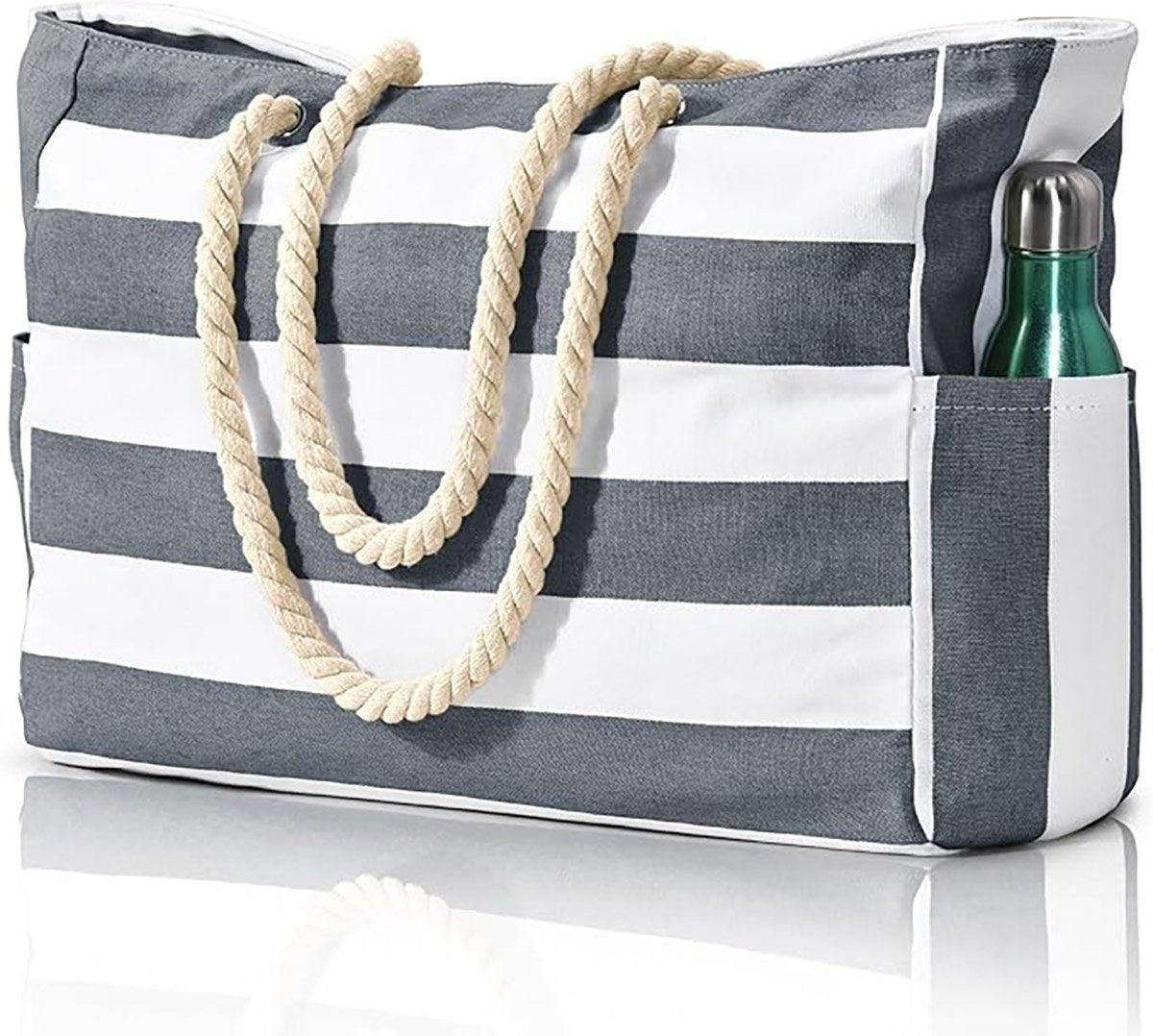 Large Bohemian Striped Canvas Beach Bag Zipper Tote for Travel Outdoor Vacation - Matcha