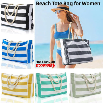 Large Bohemian Striped Canvas Beach Bag Zipper Tote for Travel Outdoor Vacation - Matcha