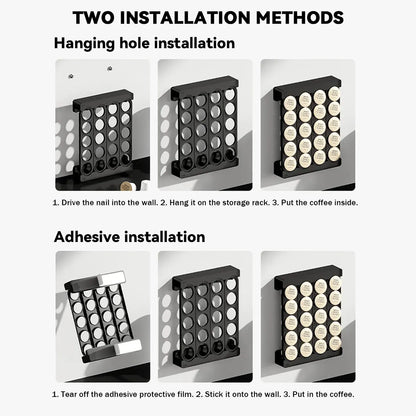 Wall Mounted Coffee Capsule Storage Rack SpaceSaving for Kitchen Cafe Countertop - Black