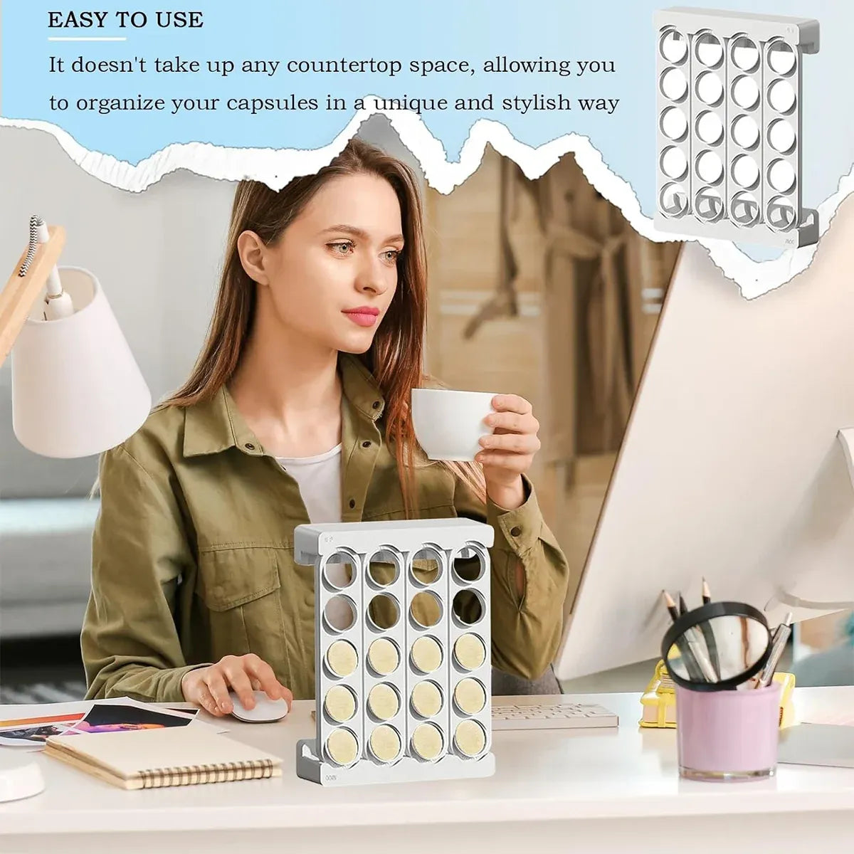 Wall Mounted Coffee Capsule Storage Rack SpaceSaving for Kitchen Cafe Countertop - White