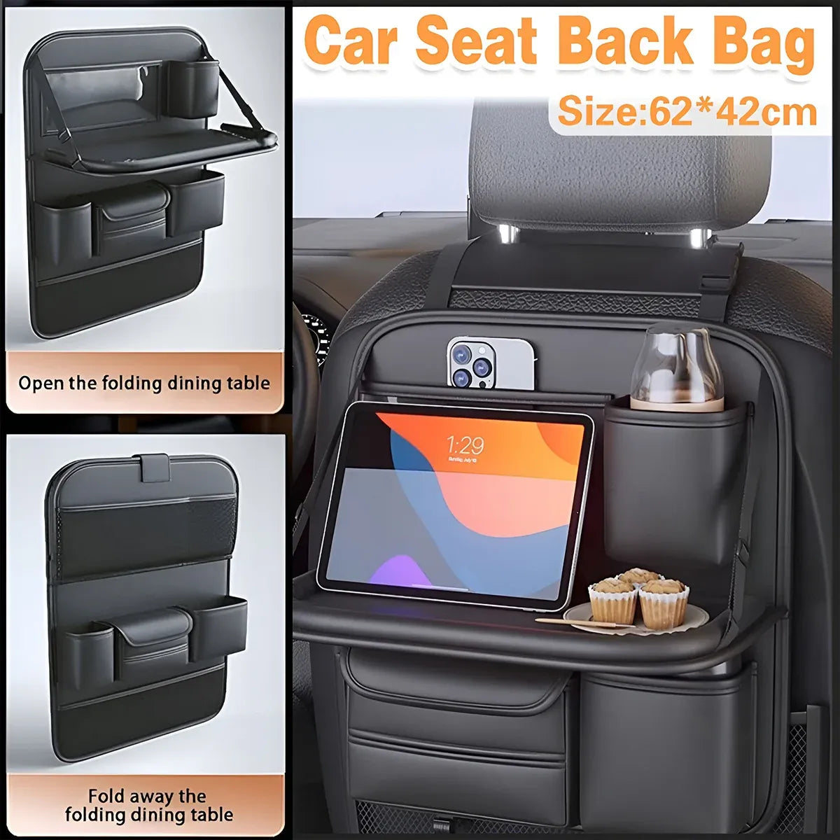 Backrest Storage Organizer Bag with Foldable Table for Vehicle Travel and Daily Use