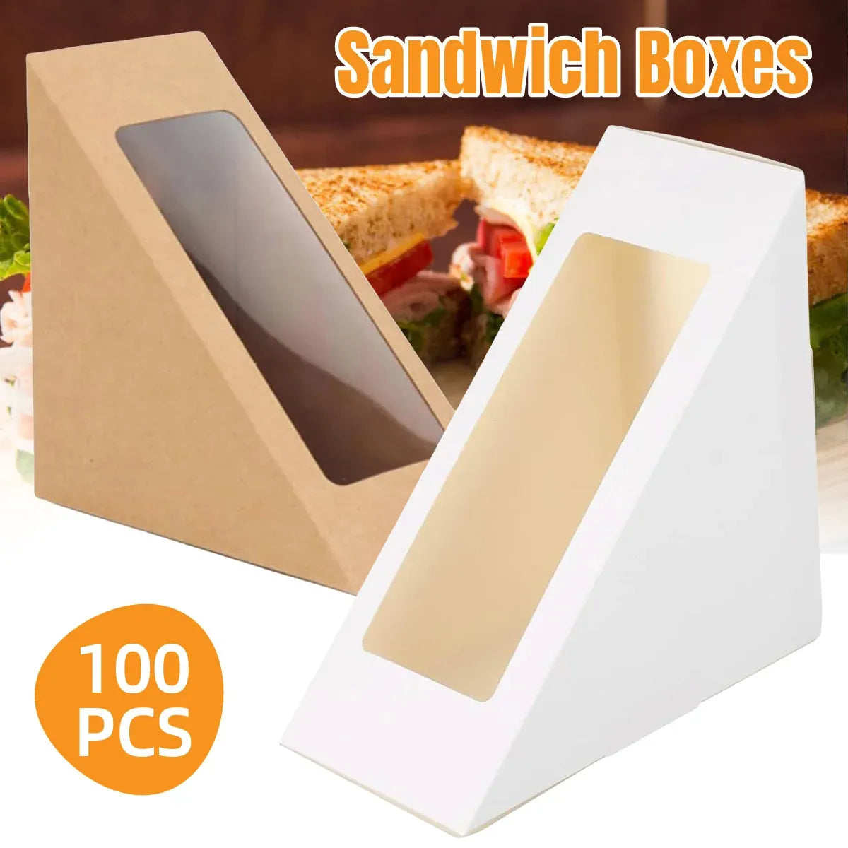100PCS Sandwich Wedge Box Triangle Paper Container Cupcake Cake Box with Window - White