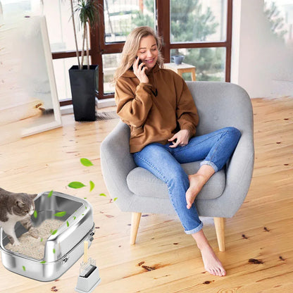 Cat Litter Box Open Design Stainless Steel Large Easy Clean Pet Toilet Tray